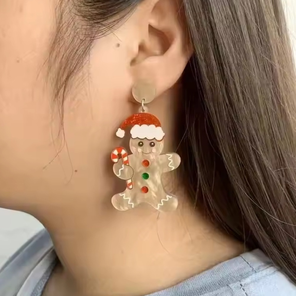 Gingerbread Man Christmas Acrylic Earrings | Candy Cane Holiday Dangle Jewelry